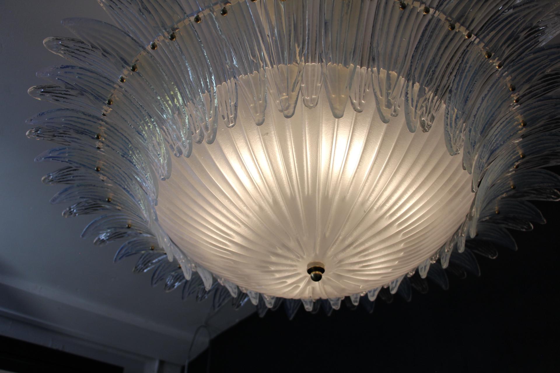 Barovier Style Iridescent and White Murano Glass Flush Mount Chandelier For Sale 9