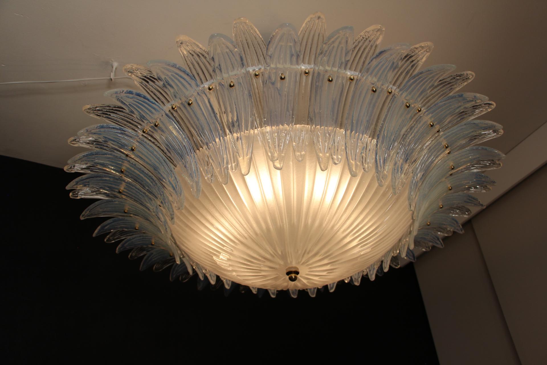 Barovier Style Iridescent and White Murano Glass Flush Mount Chandelier For Sale 10