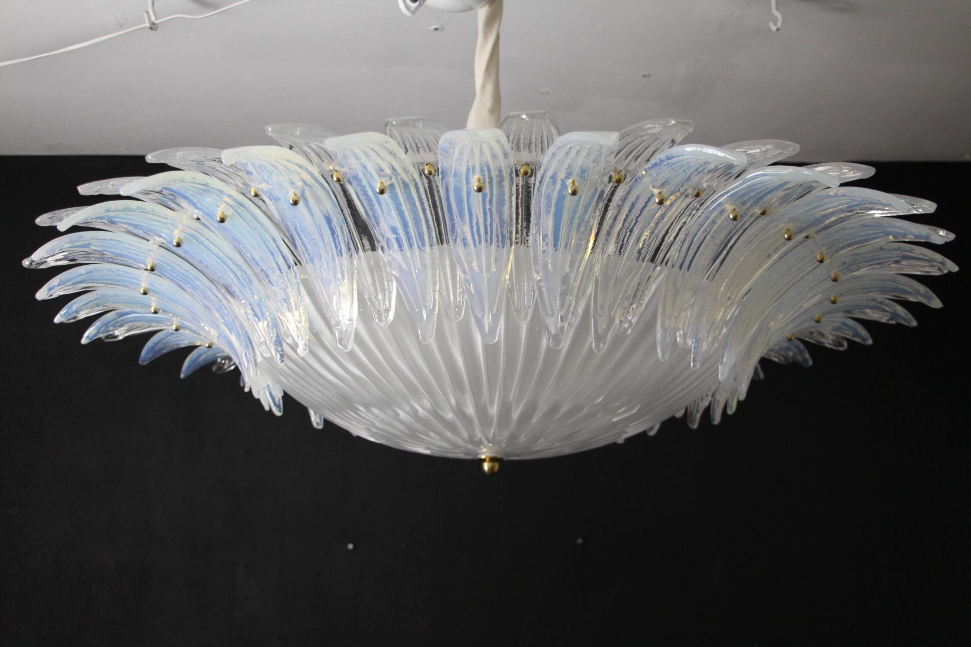Barovier Style Iridescent and White Murano Glass Flush Mount Chandelier For Sale 11