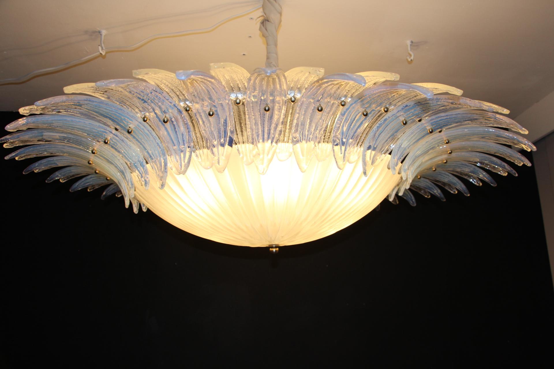 Barovier Style Iridescent and White Murano Glass Flush Mount Chandelier For Sale 12