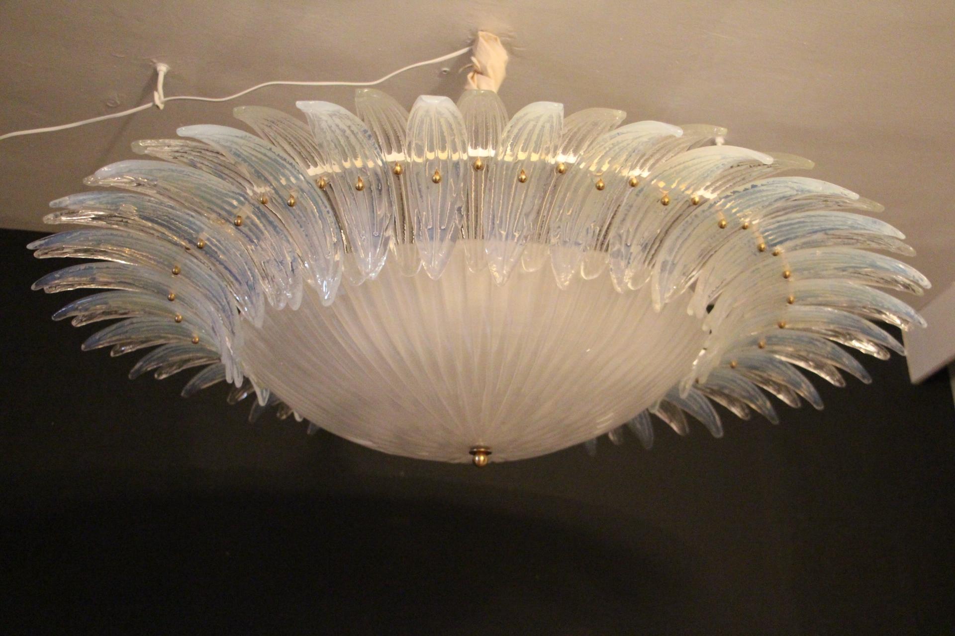 Art Deco Barovier Style Iridescent and White Murano Glass Flush Mount Chandelier For Sale