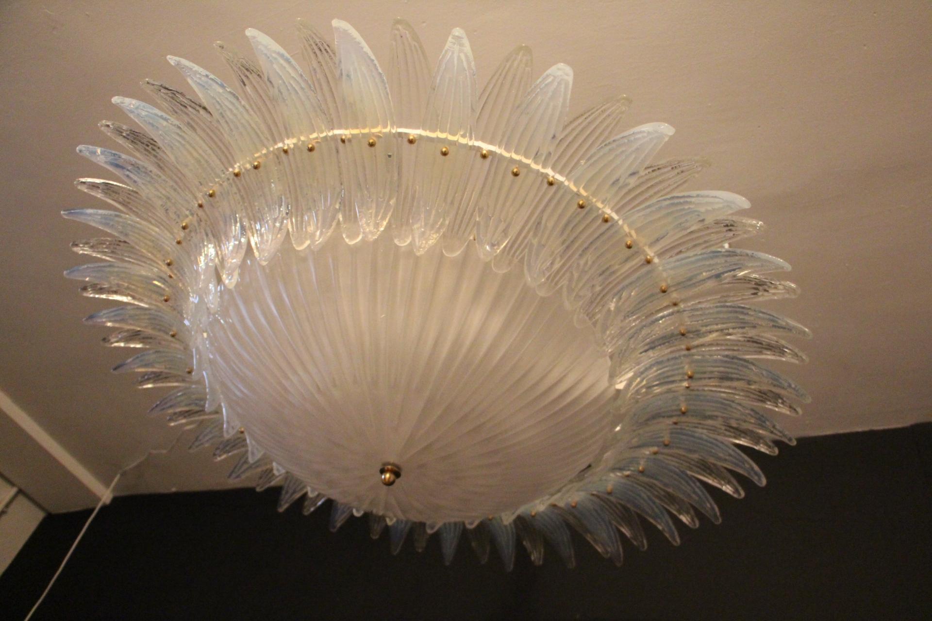 Italian Barovier Style Iridescent and White Murano Glass Flush Mount Chandelier For Sale