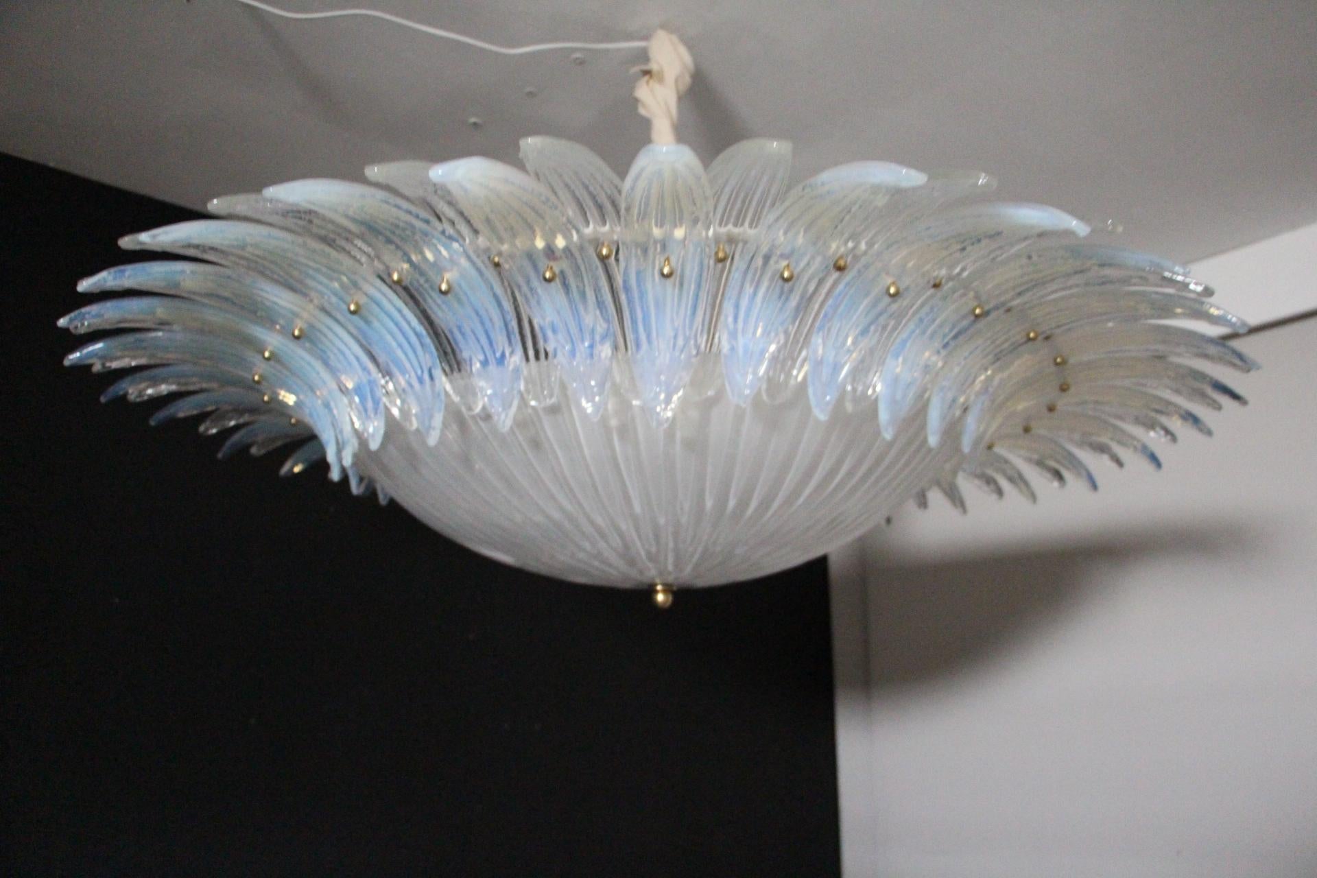 Contemporary Barovier Style Iridescent and White Murano Glass Flush Mount Chandelier For Sale