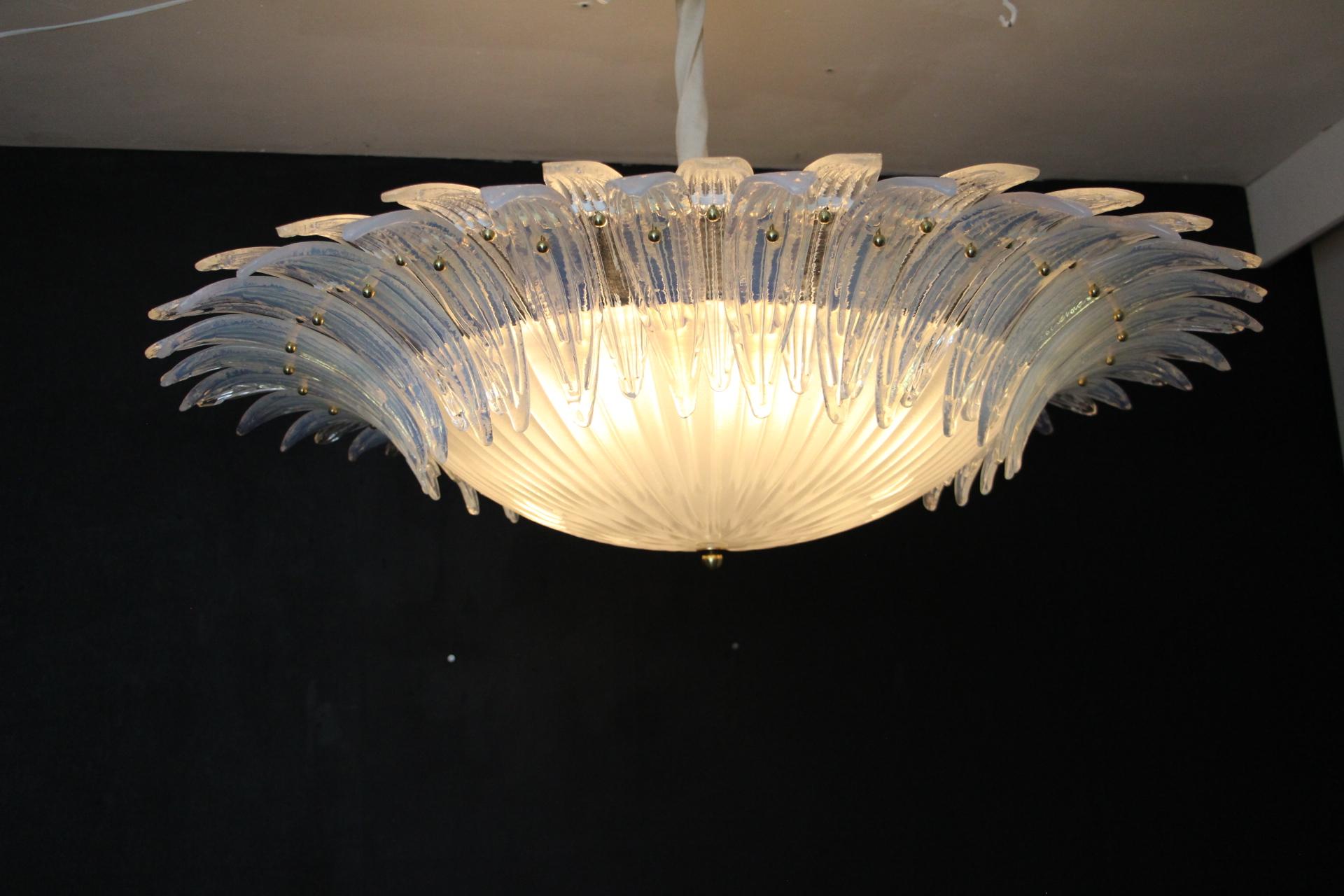 Contemporary Barovier Style Iridescent and White Murano Glass Flush Mount Chandelier For Sale