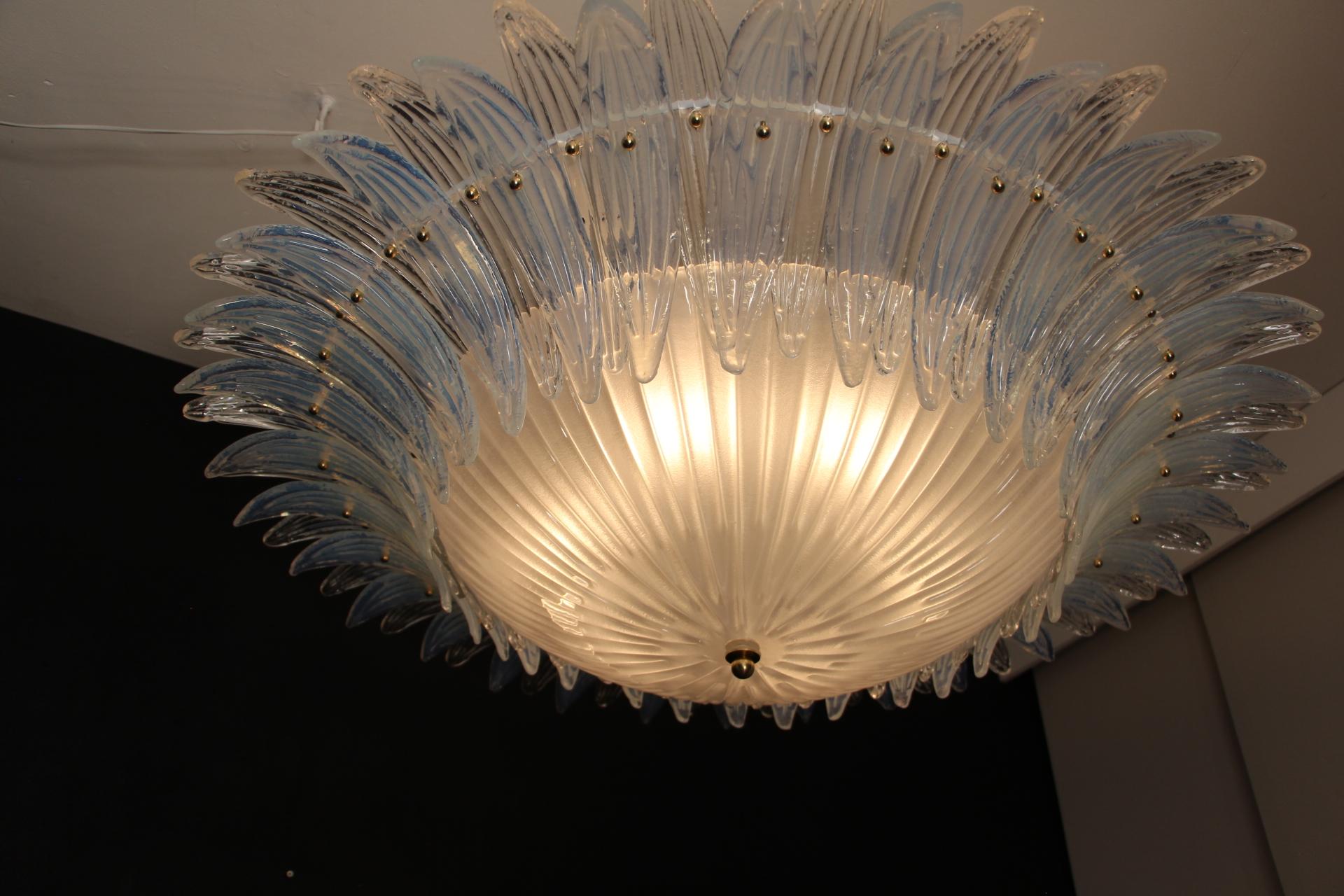 Barovier Style Iridescent and White Murano Glass Flush Mount Chandelier For Sale 1