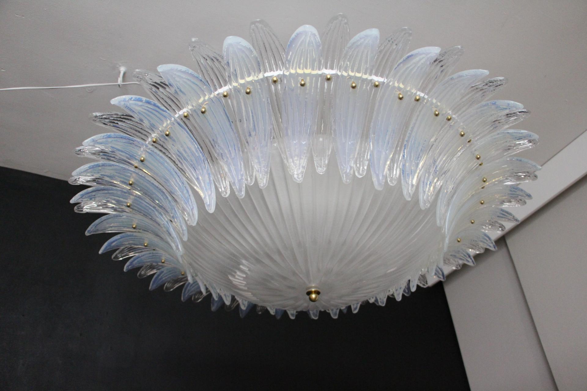 Barovier Style Iridescent and White Murano Glass Flush Mount Chandelier For Sale 2