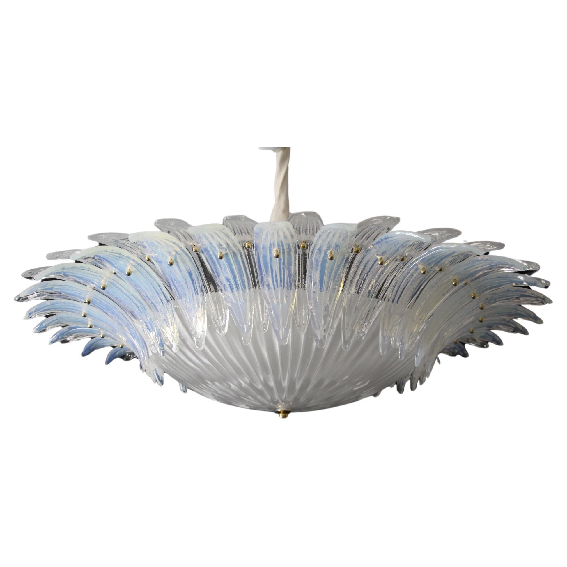 Barovier Style Iridescent and White Murano Glass Flush Mount Chandelier For Sale