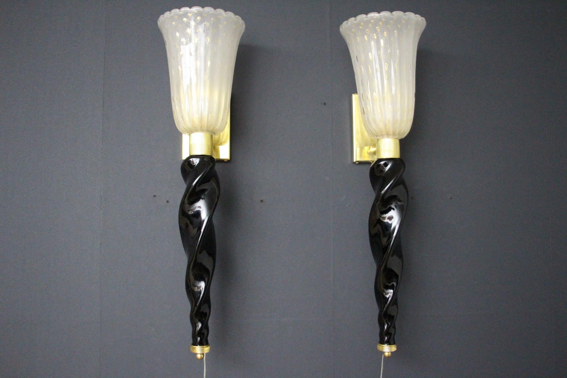 Barovier Style Murano Pulegoso Gold and Black Glass Sconces , Torchere Sconces For Sale 7