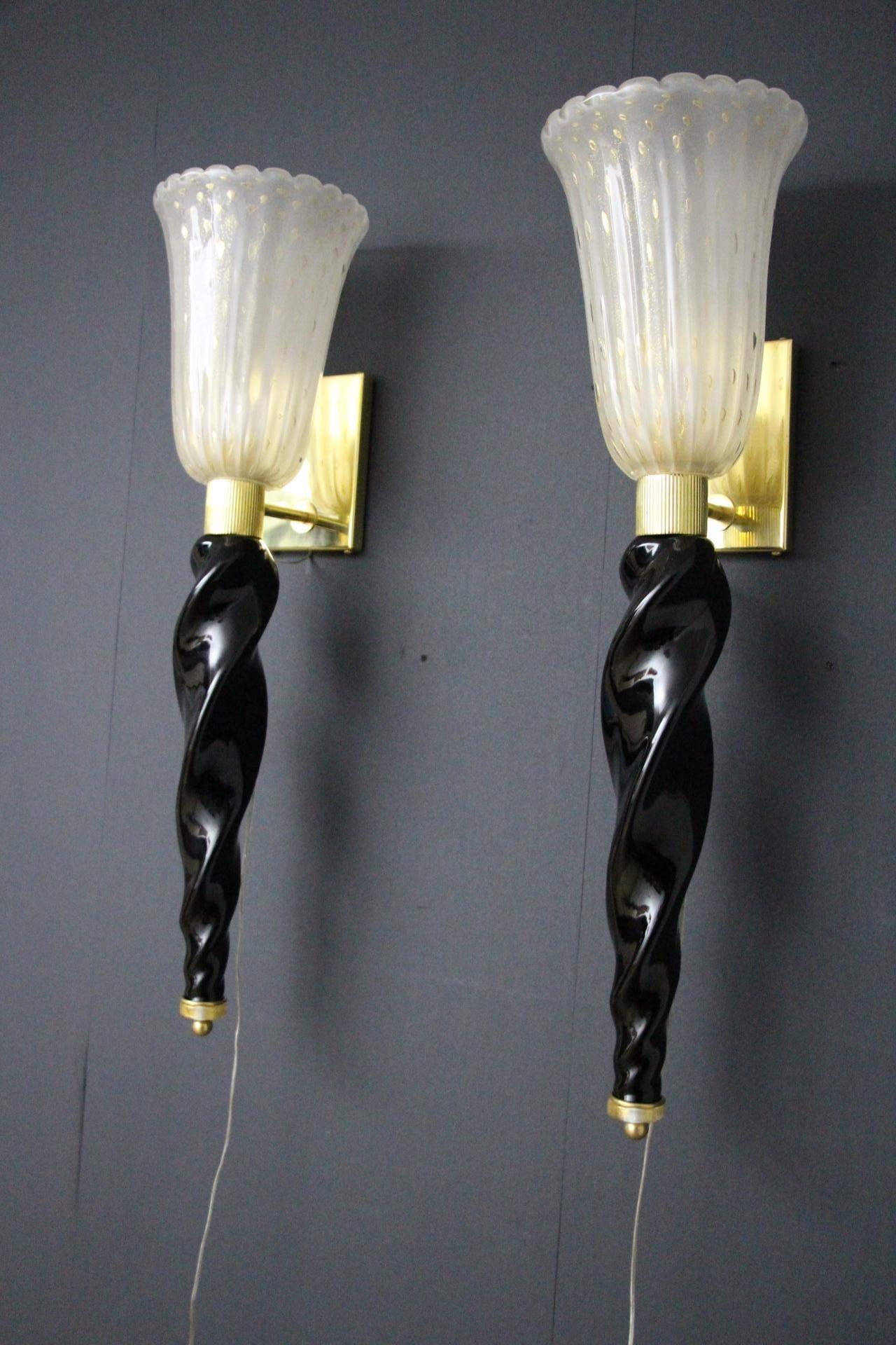 Barovier Style Murano Pulegoso Gold and Black Glass Sconces , Torchere Sconces For Sale 8