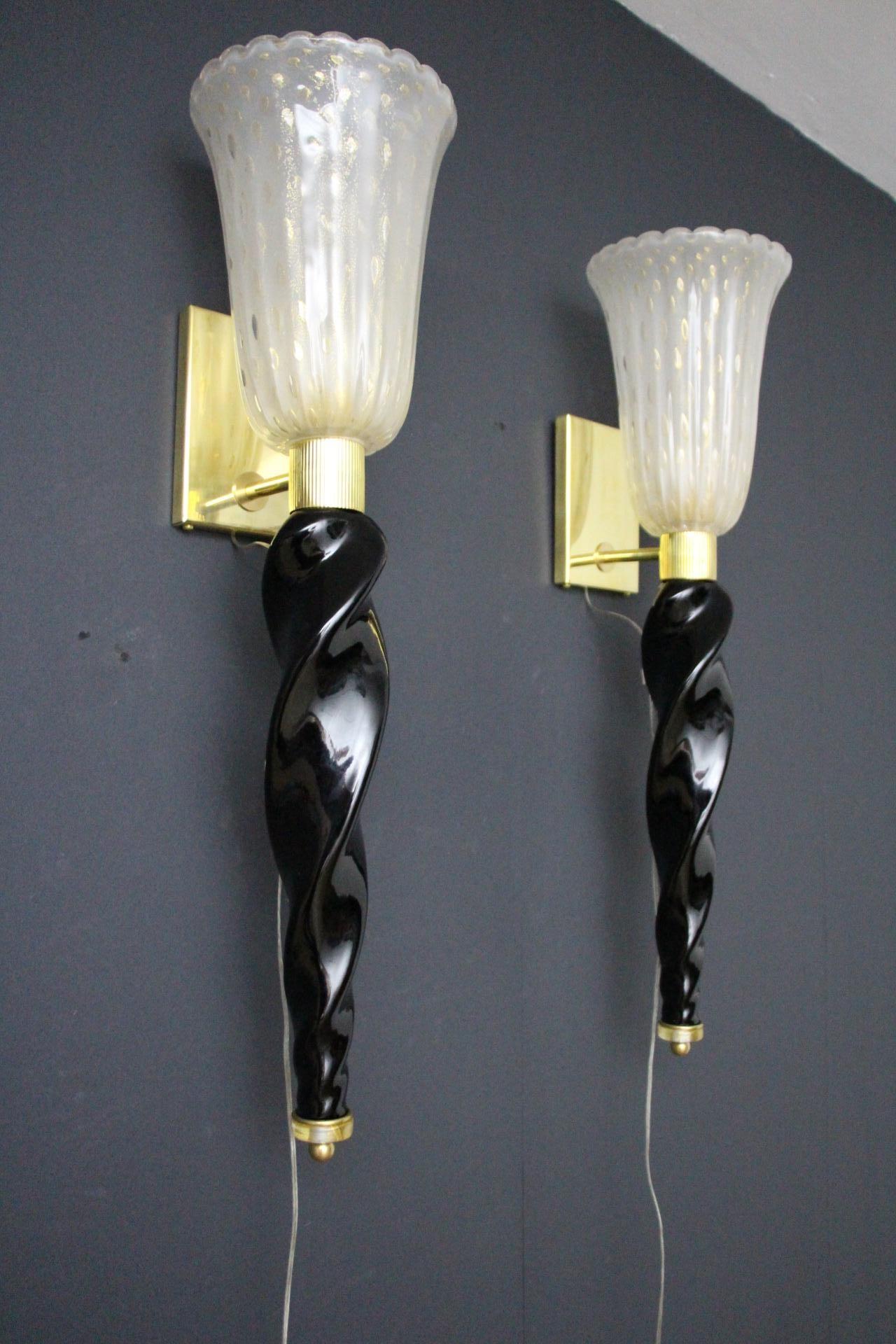 Barovier Style Murano Pulegoso Gold and Black Glass Sconces , Torchere Sconces For Sale 9