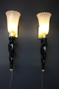 Barovier Style Murano Pulegoso Gold and Black Glass Sconces , Torchere Sconces