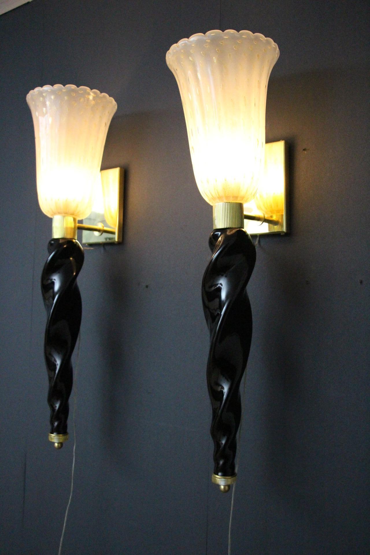 Mid-Century Modern Barovier Style Murano Pulegoso Gold and Black Glass Sconces , Torchere Sconces For Sale