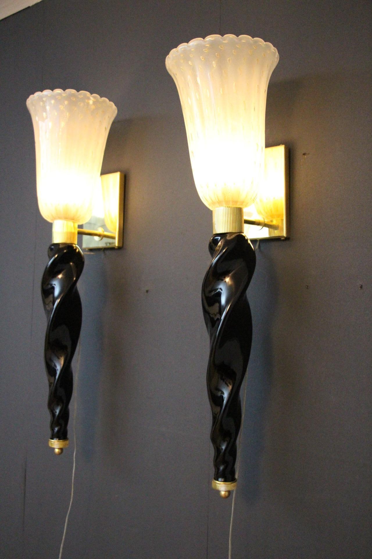 Italian Barovier Style Murano Pulegoso Gold and Black Glass Sconces , Torchere Sconces For Sale