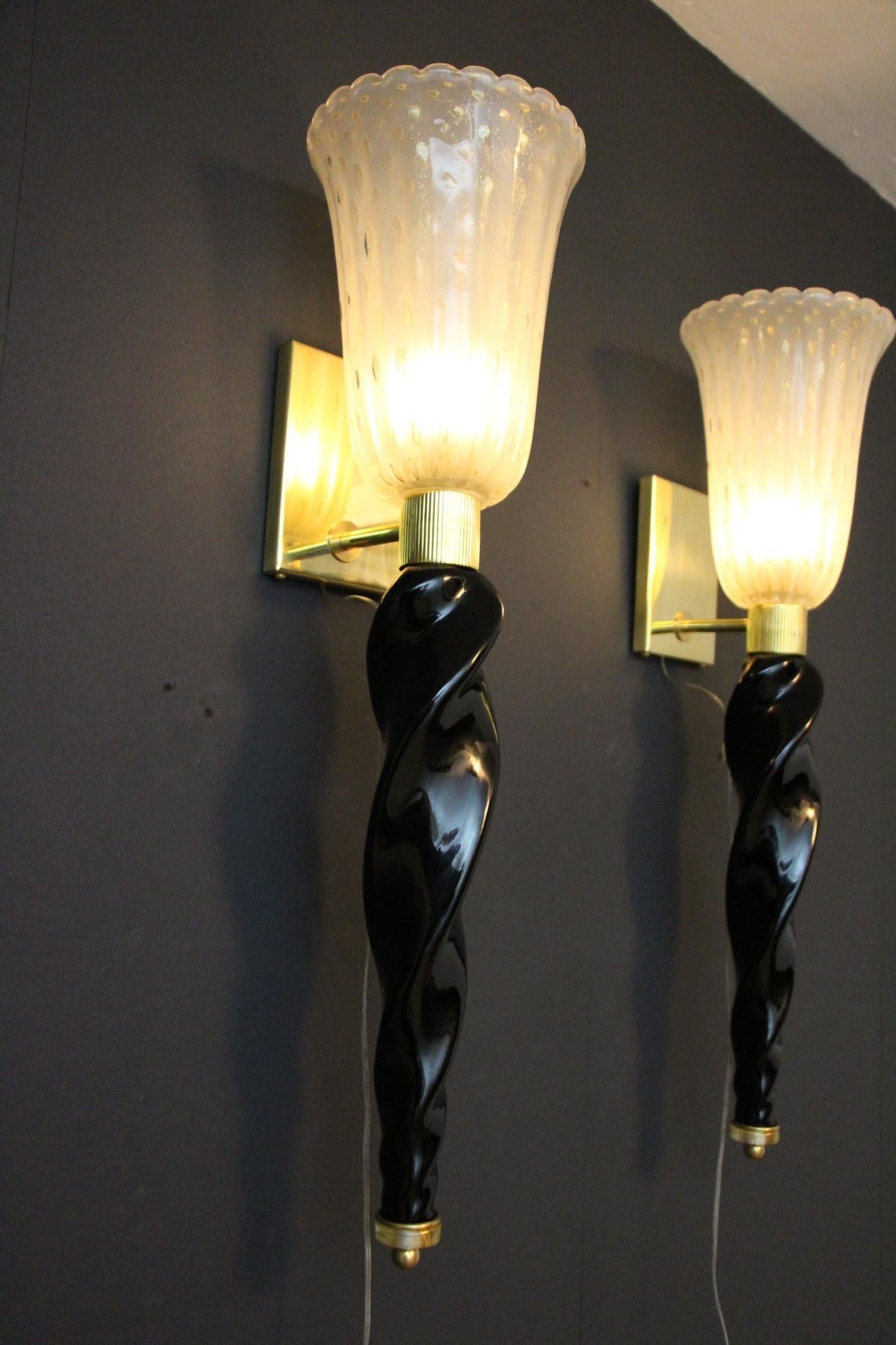 Barovier Style Murano Pulegoso Gold and Black Glass Sconces , Torchere Sconces In Excellent Condition For Sale In Saint-Ouen, FR