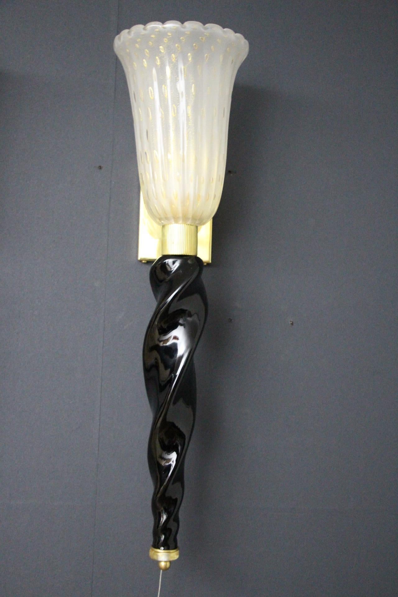 Late 20th Century Barovier Style Murano Pulegoso Gold and Black Glass Sconces , Torchere Sconces For Sale