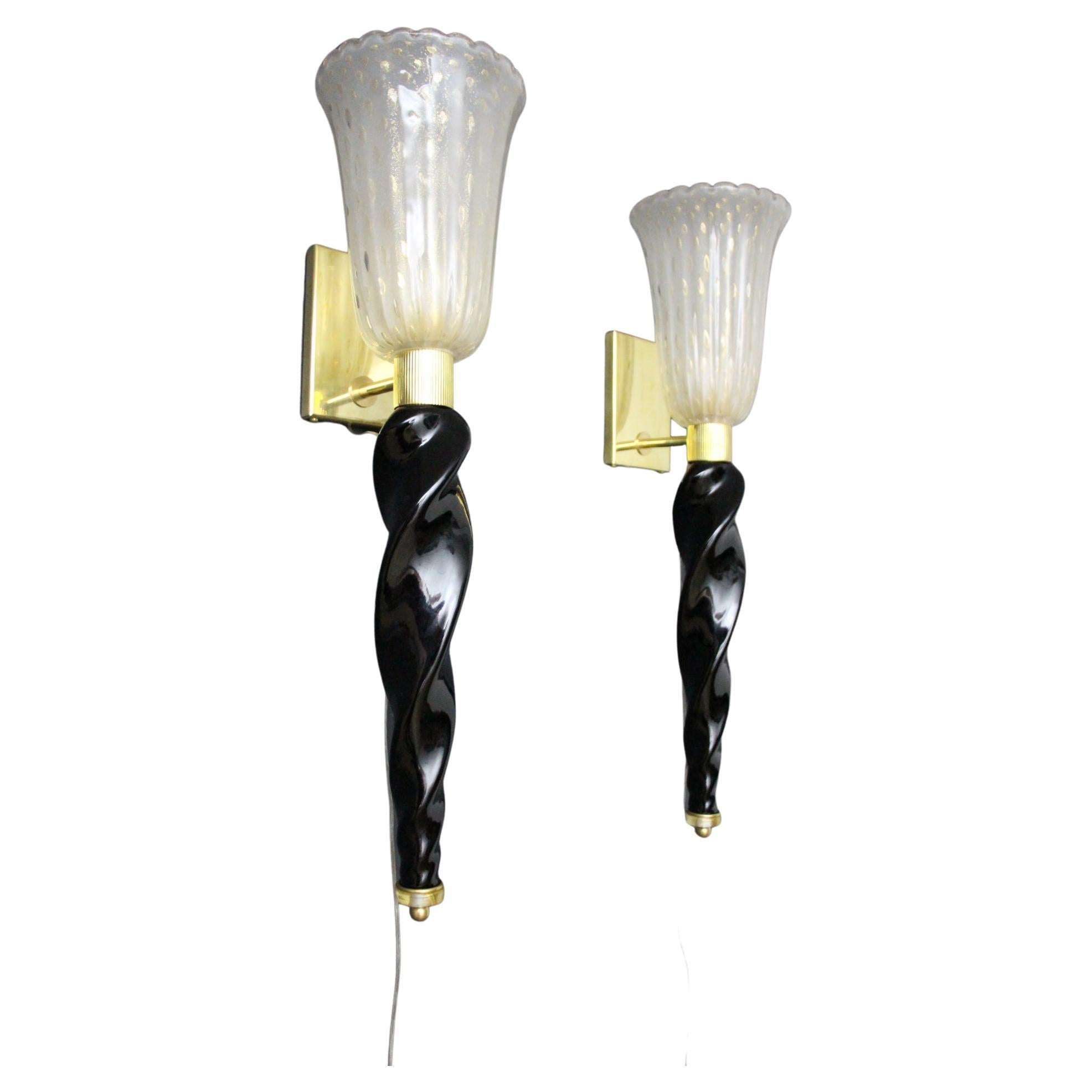 Barovier Style Murano Pulegoso Gold and Black Glass Sconces , Torchere Sconces For Sale