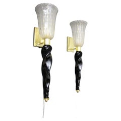 Vintage Barovier Style Murano Pulegoso Gold and Black Glass Sconces , Torchere Sconces