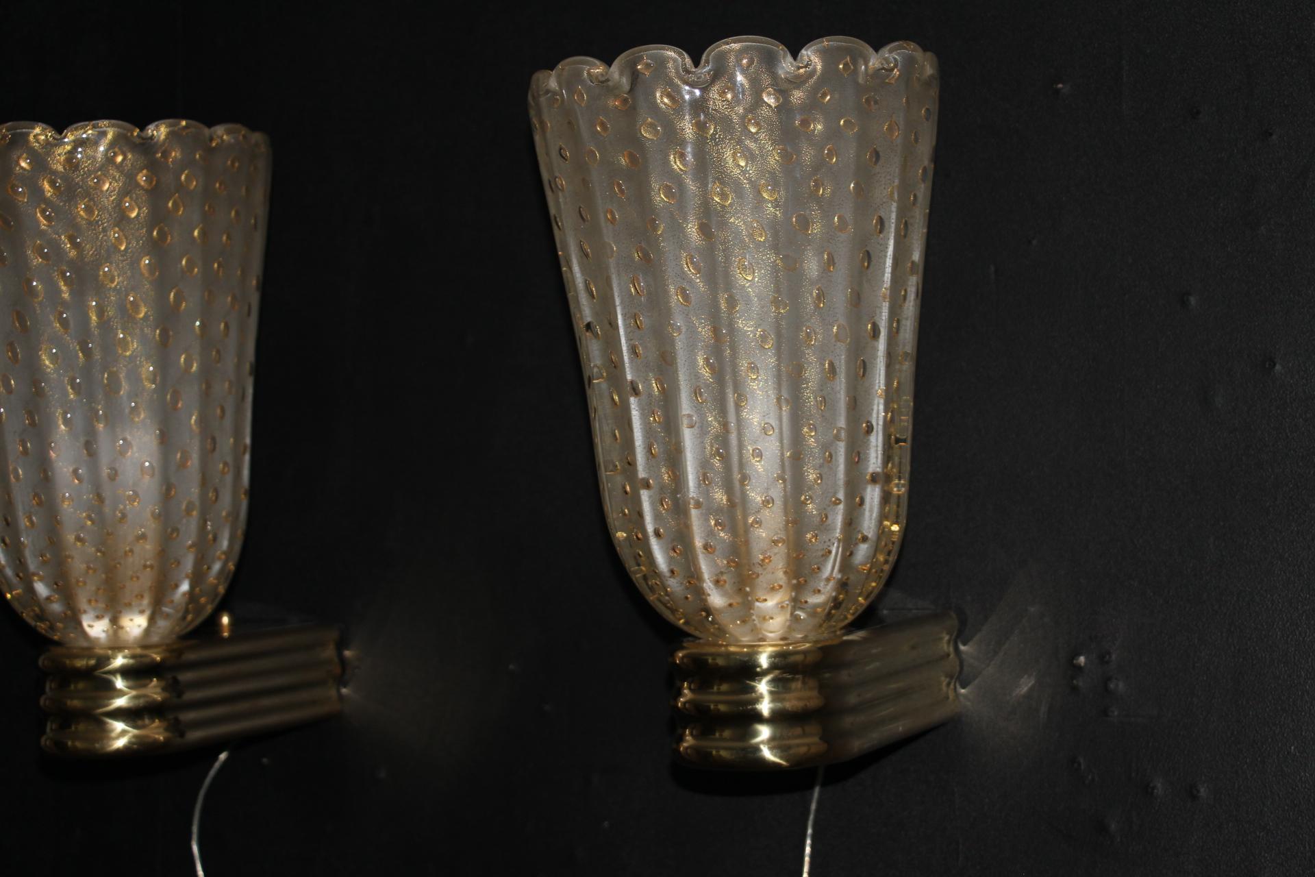 Italian Barovier Style Murano Pulegoso Gold Glass Sconces , Golden Flakes Wall Lights For Sale