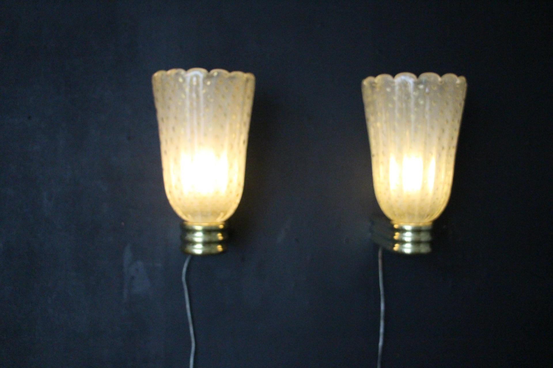 Brass Barovier Style Murano Pulegoso Gold Glass Sconces , Golden Flakes Wall Lights For Sale