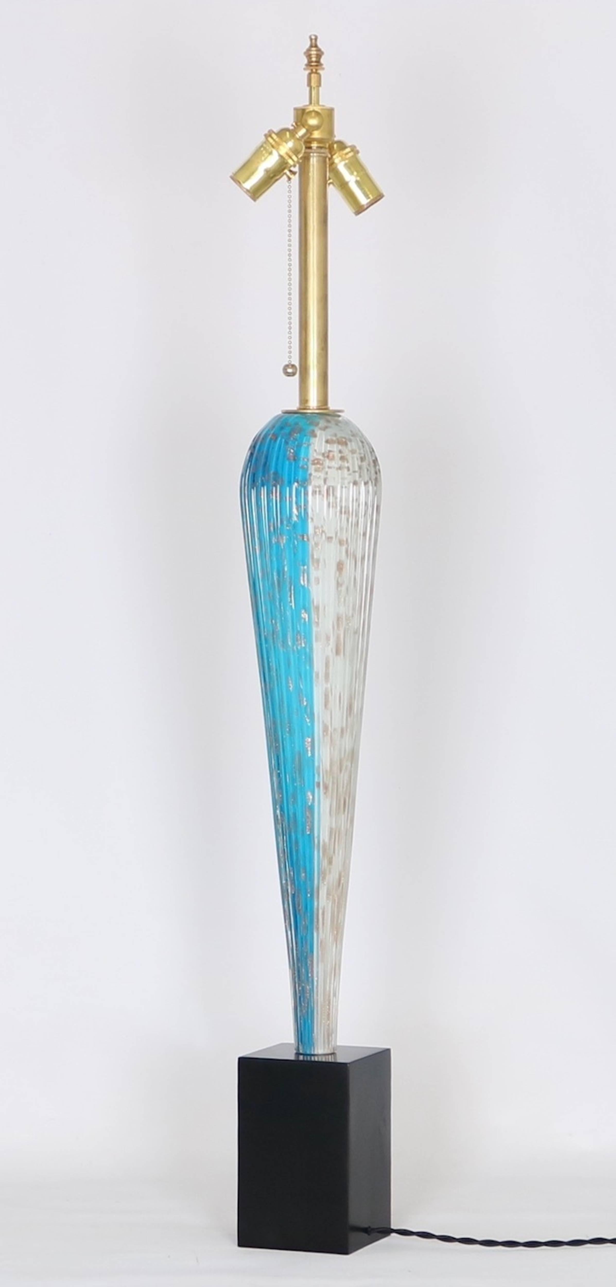 Mid-Century Modern Barovier Table Lamp in Copper Infused Blue and White Murano Glass