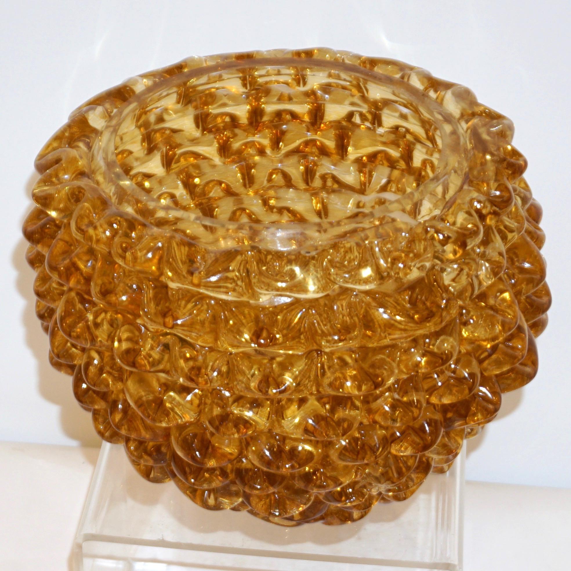 Mid-Century Modern Barovier Toso 1950s Italian Vintage Amber Gold Rostrato Murano Glass Vase / Bowl