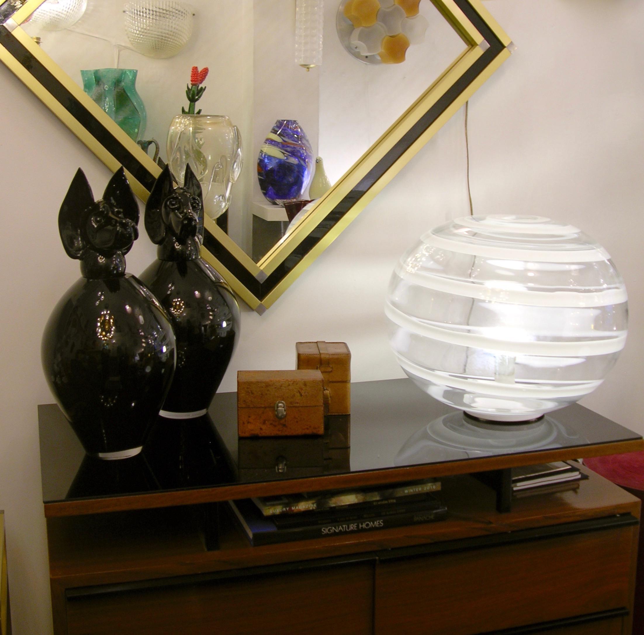 Hand-Crafted Barovier Toso 1960s Pair of Crystal Clear and White Murano Glass Round Lamps