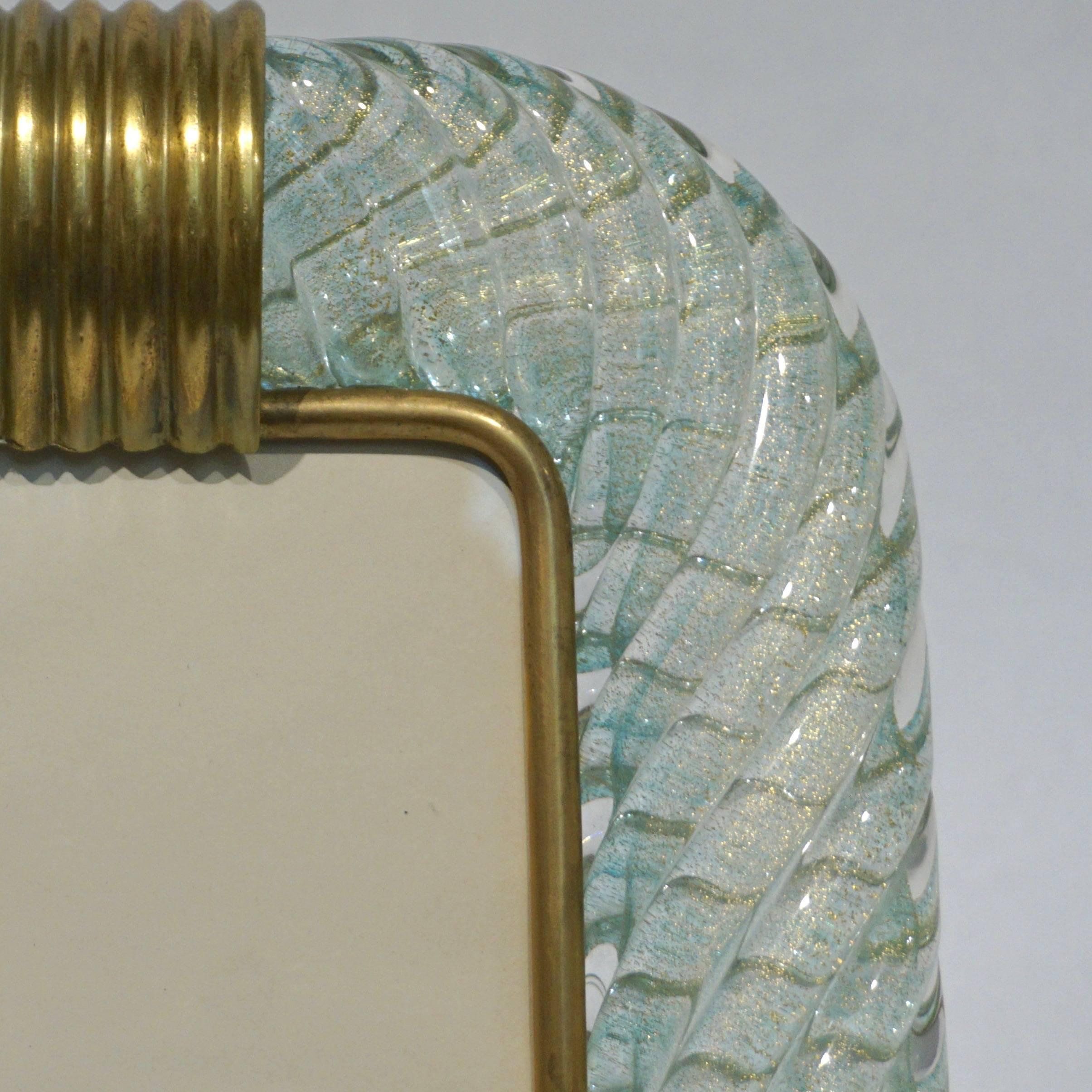 Mid-Century Modern Barovier Toso Vintage Twisted Gold and Aqua Blue Murano Glass Photo Frame, 1970s