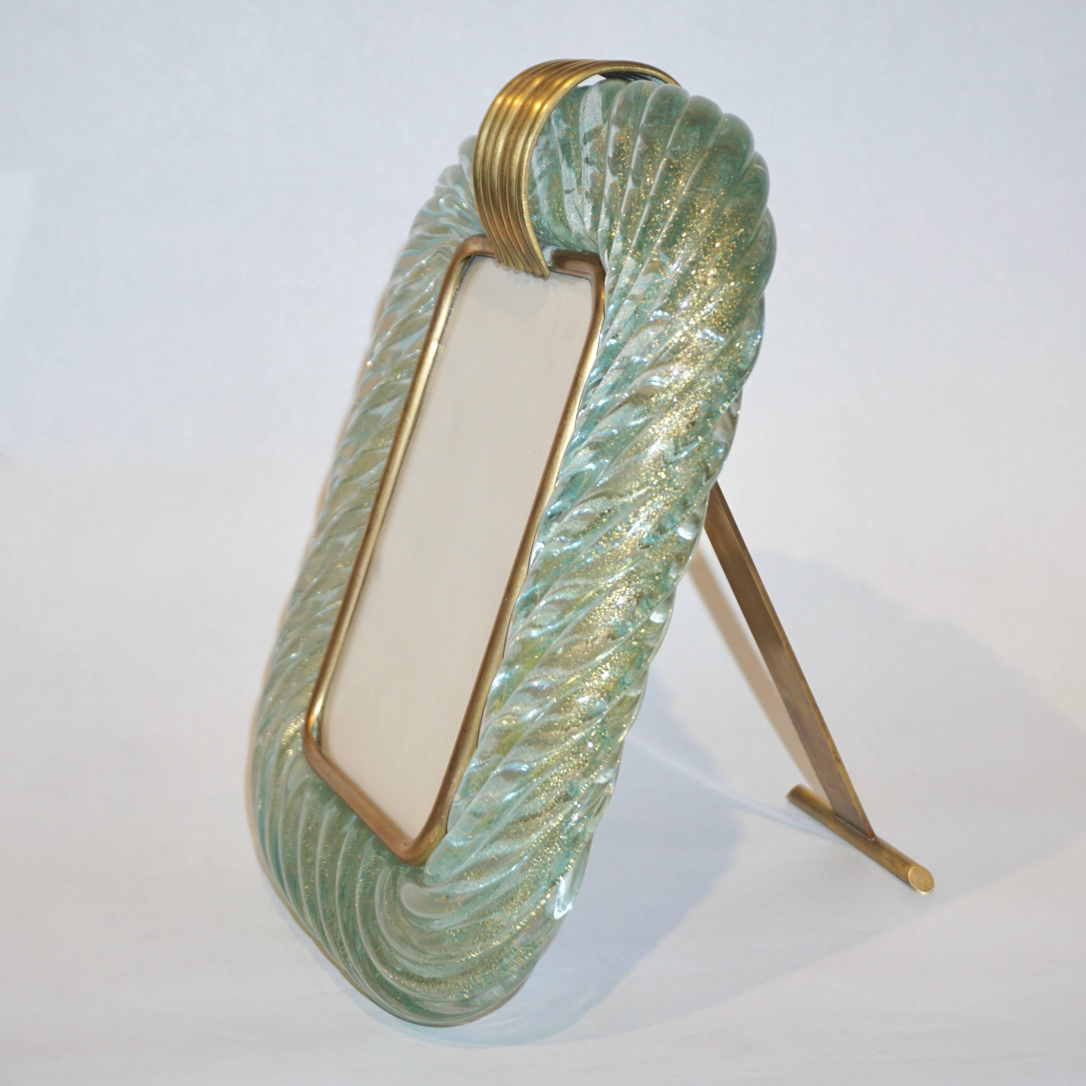 Italian Barovier Toso Vintage Twisted Gold and Aqua Blue Murano Glass Photo Frame, 1970s