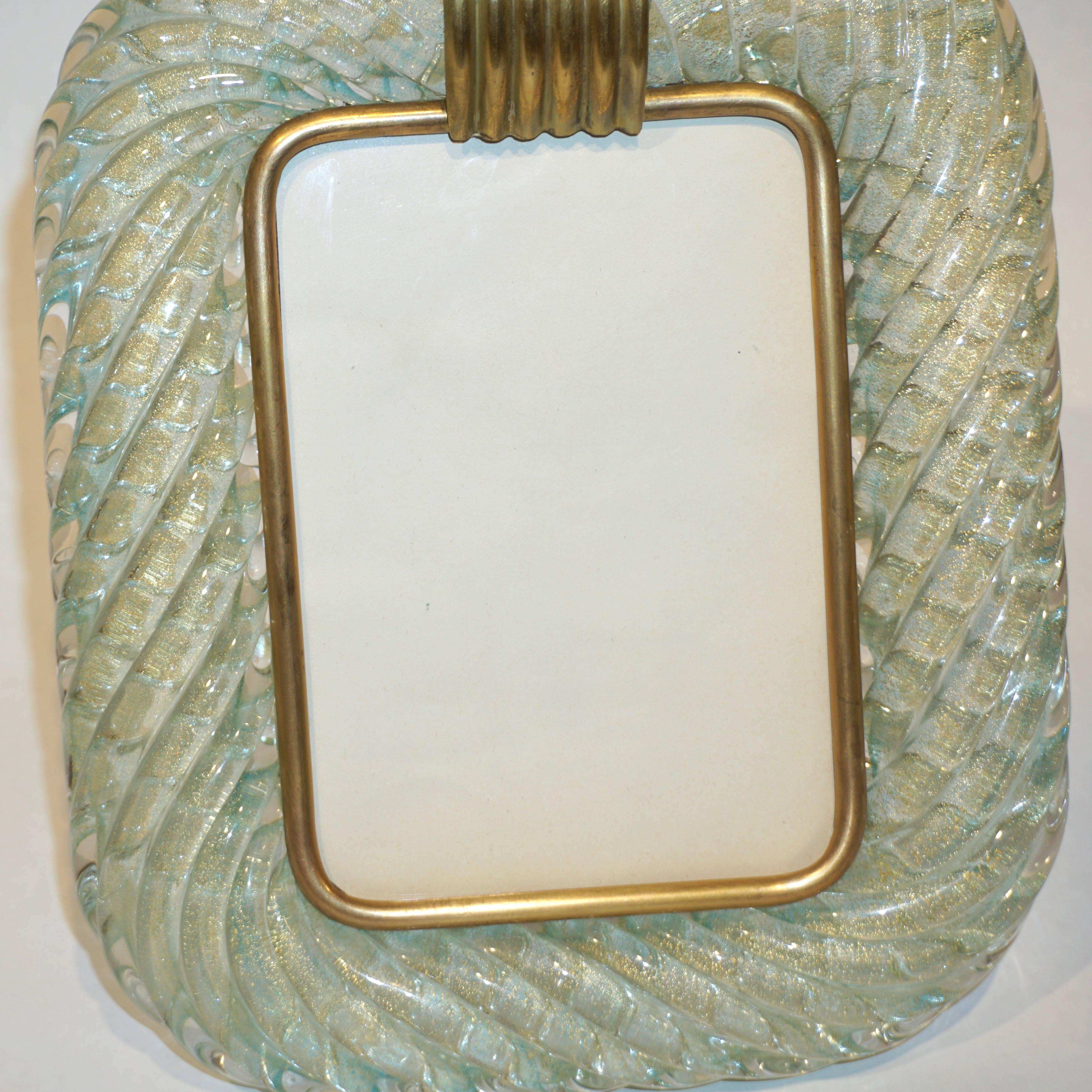 Barovier Toso Vintage Twisted Gold and Aqua Blue Murano Glass Photo Frame, 1970s In Excellent Condition In New York, NY