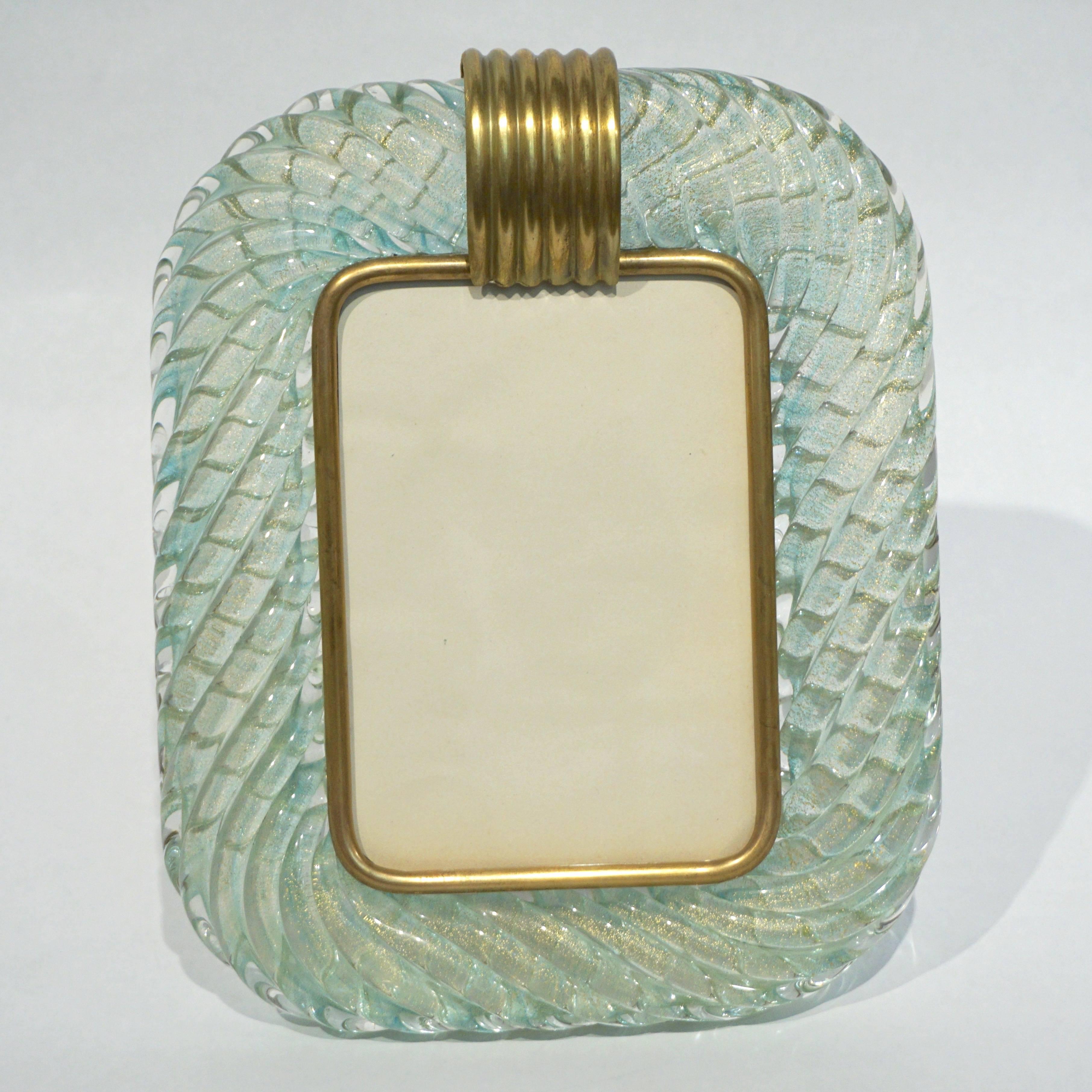 Barovier Toso Vintage Twisted Gold and Aqua Blue Murano Glass Photo Frame, 1970s 1
