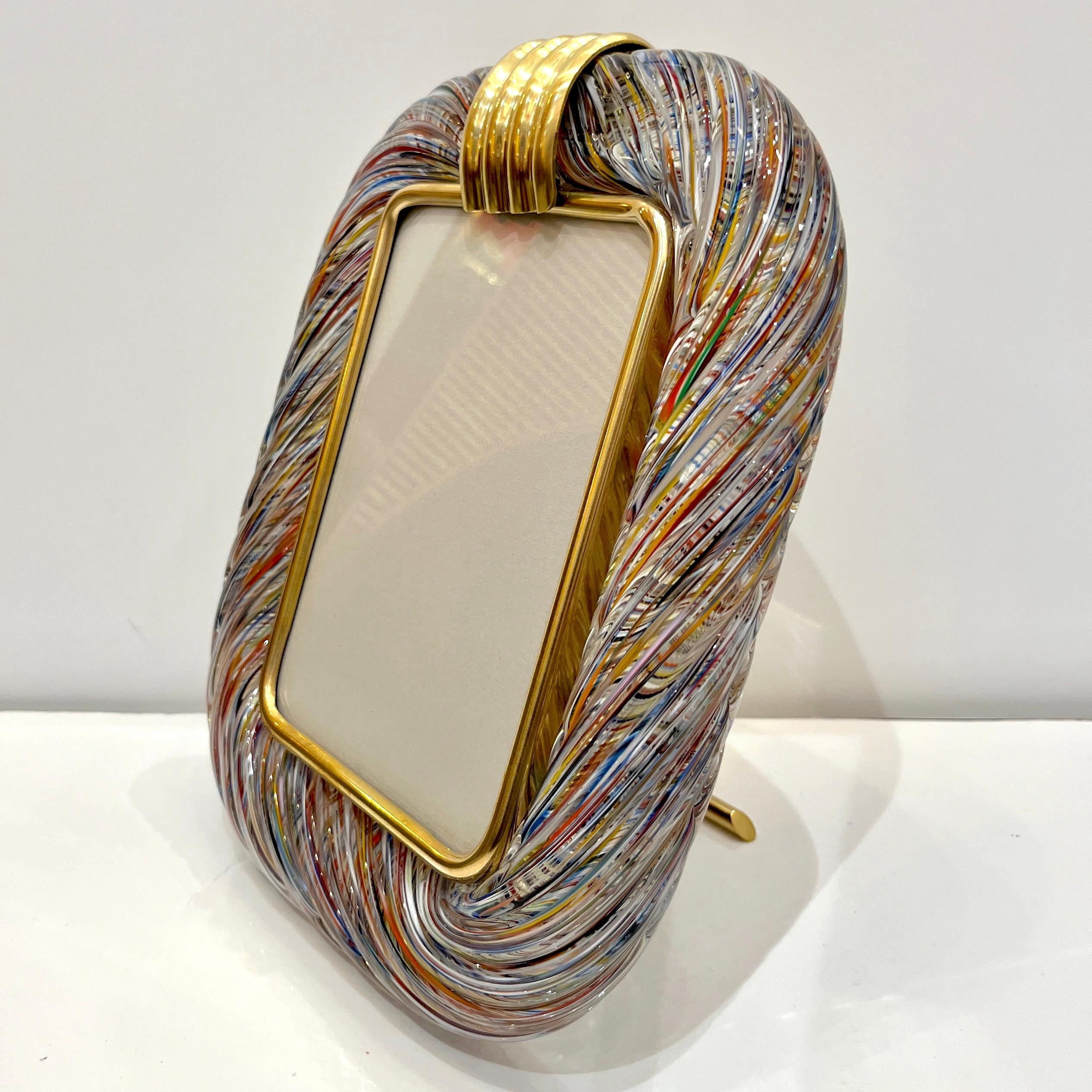 Mid-Century Modern Barovier Toso 21st Century Multicolor Filigrana Murano Glass Photo Frame For Sale