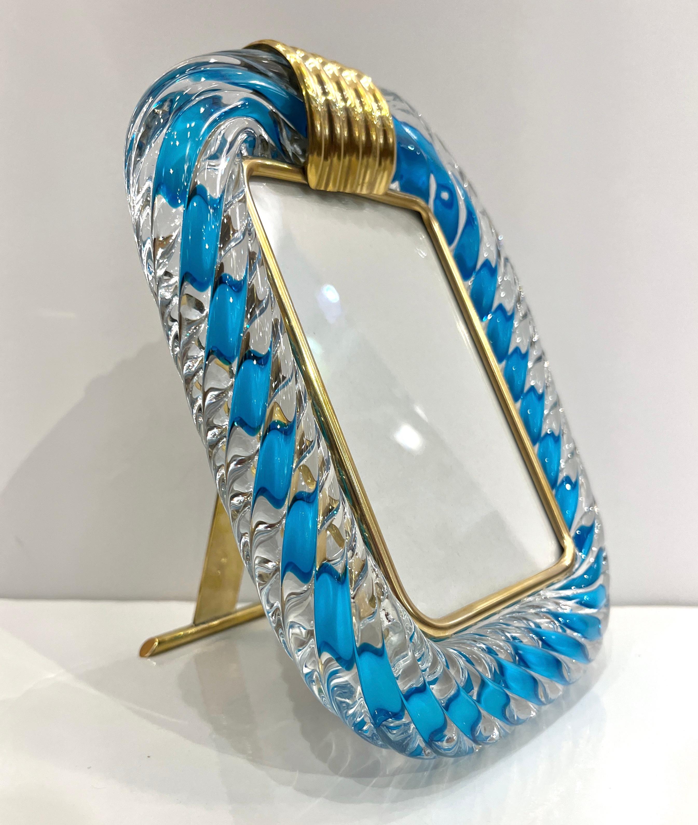Italian Barovier Toso Brass & Turquoise Crystal Murano Glass Modern Photo Frame For Sale 3