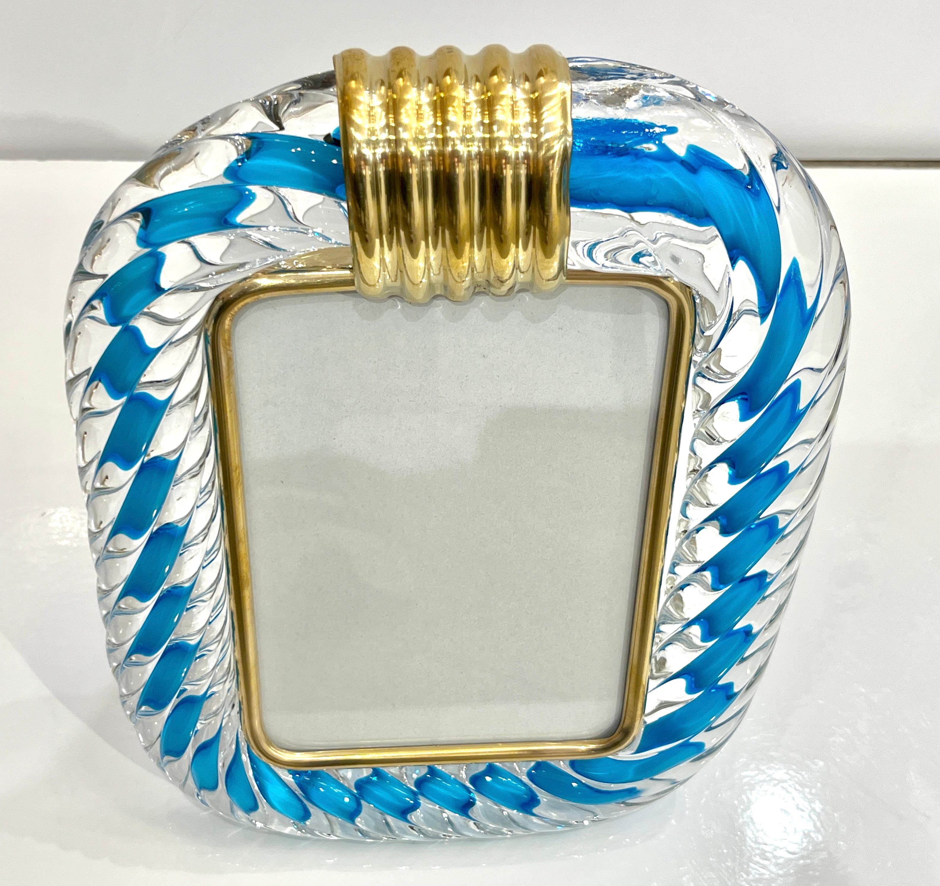 Italian Barovier Toso Brass & Turquoise Crystal Murano Glass Modern Photo Frame For Sale 4
