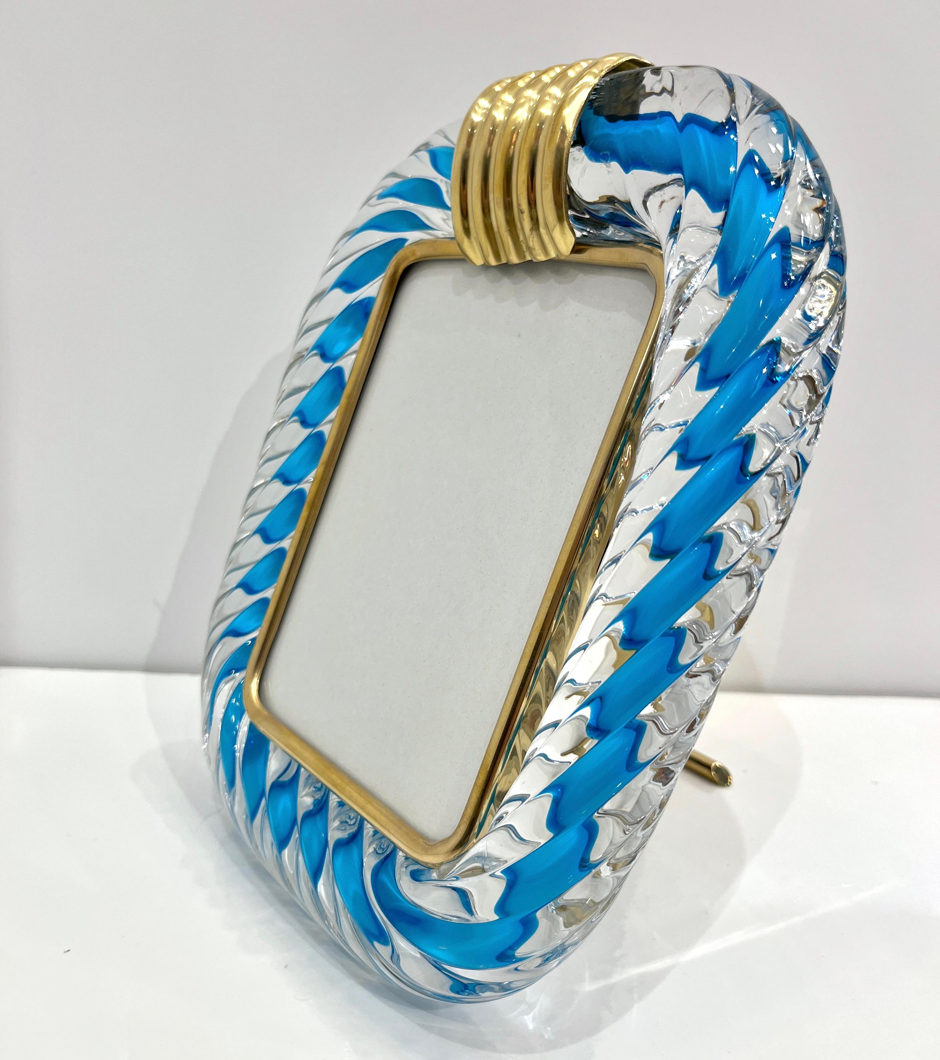 Italian Barovier Toso Brass & Turquoise Crystal Murano Glass Modern Photo Frame For Sale 7