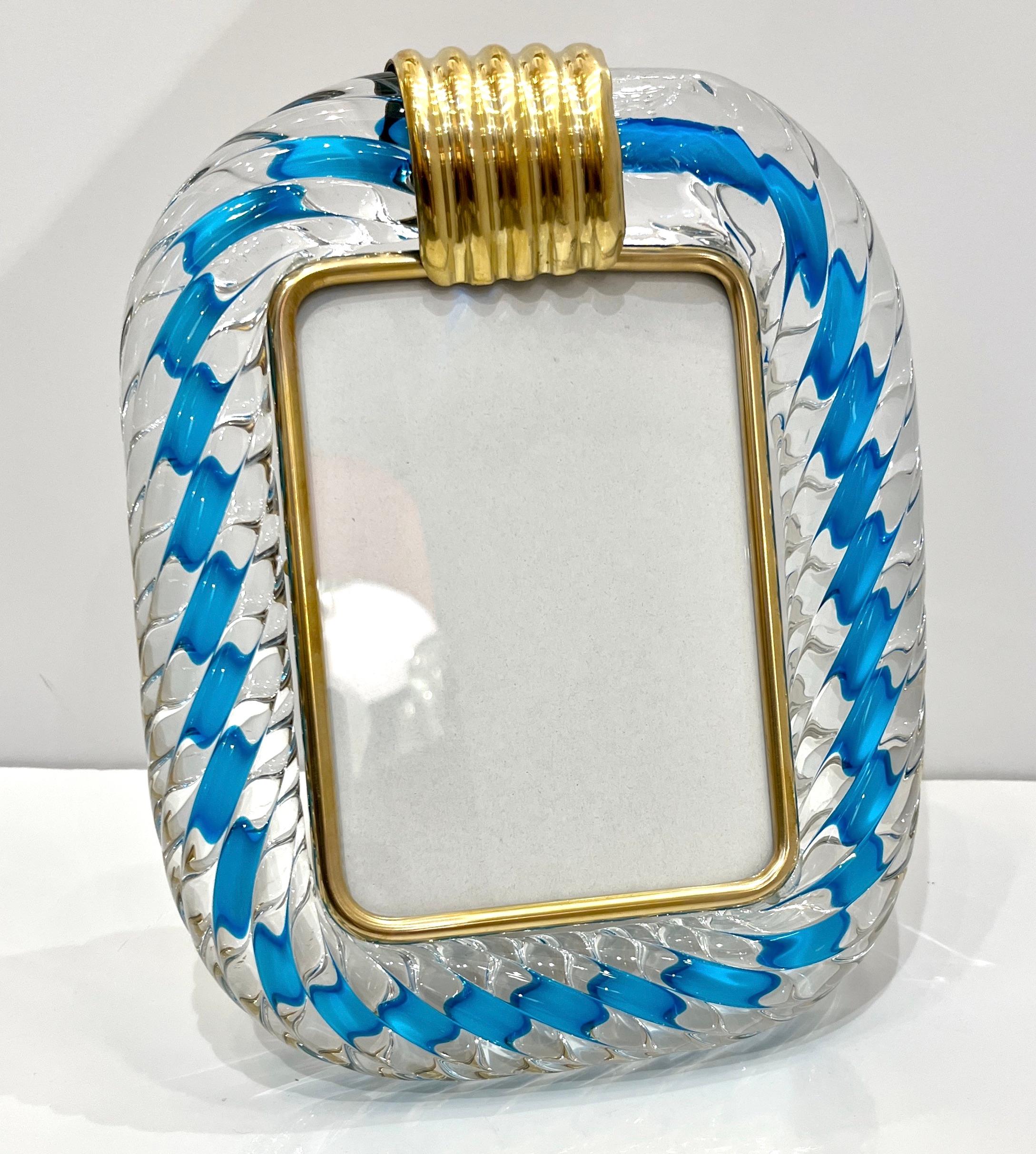 Italian Barovier Toso Brass & Turquoise Crystal Murano Glass Modern Photo Frame For Sale 8