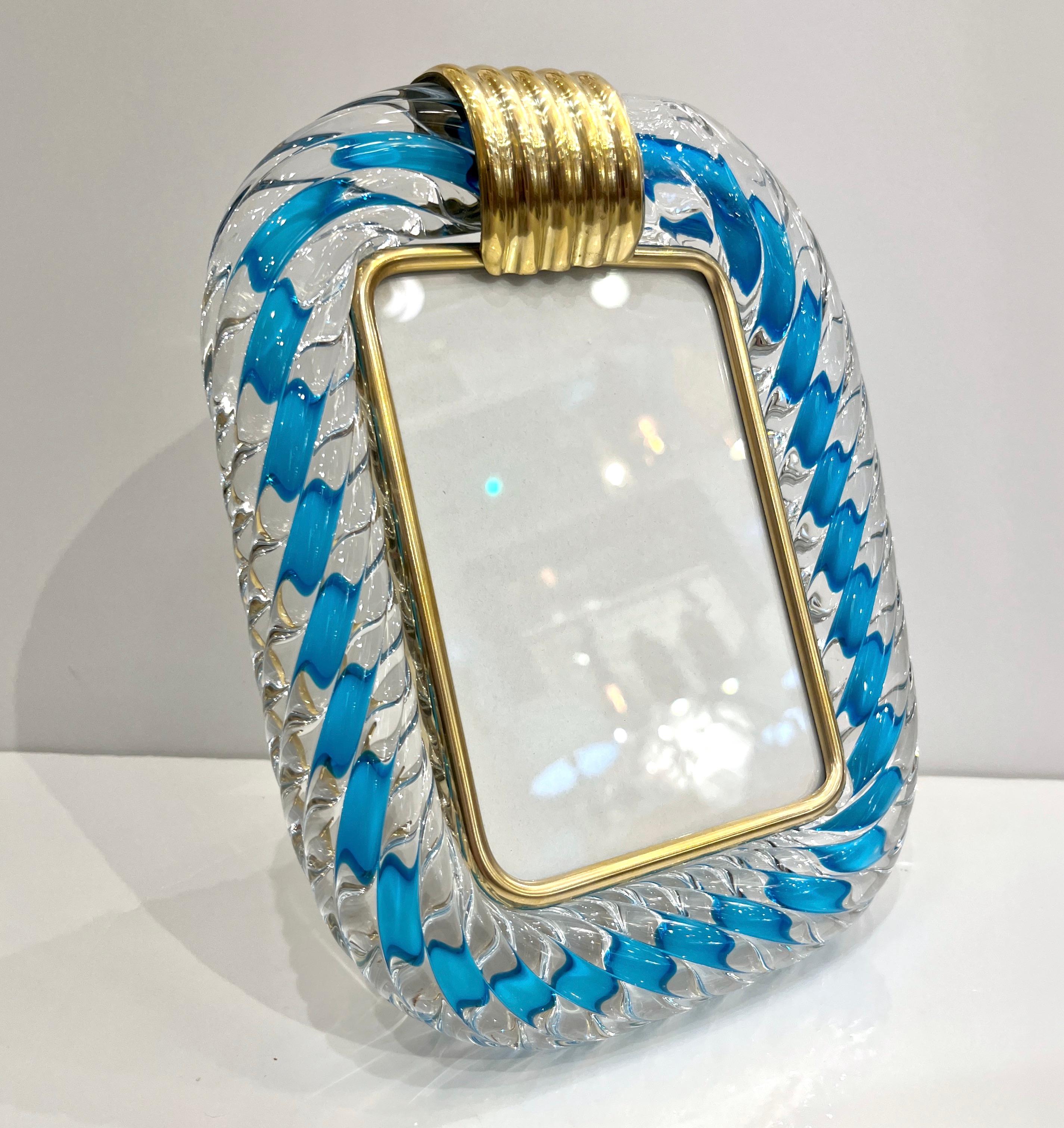Mid-Century Modern Cadre photo Barovier Toso du 21e siècle en verre de Murano bleu marine et or en vente