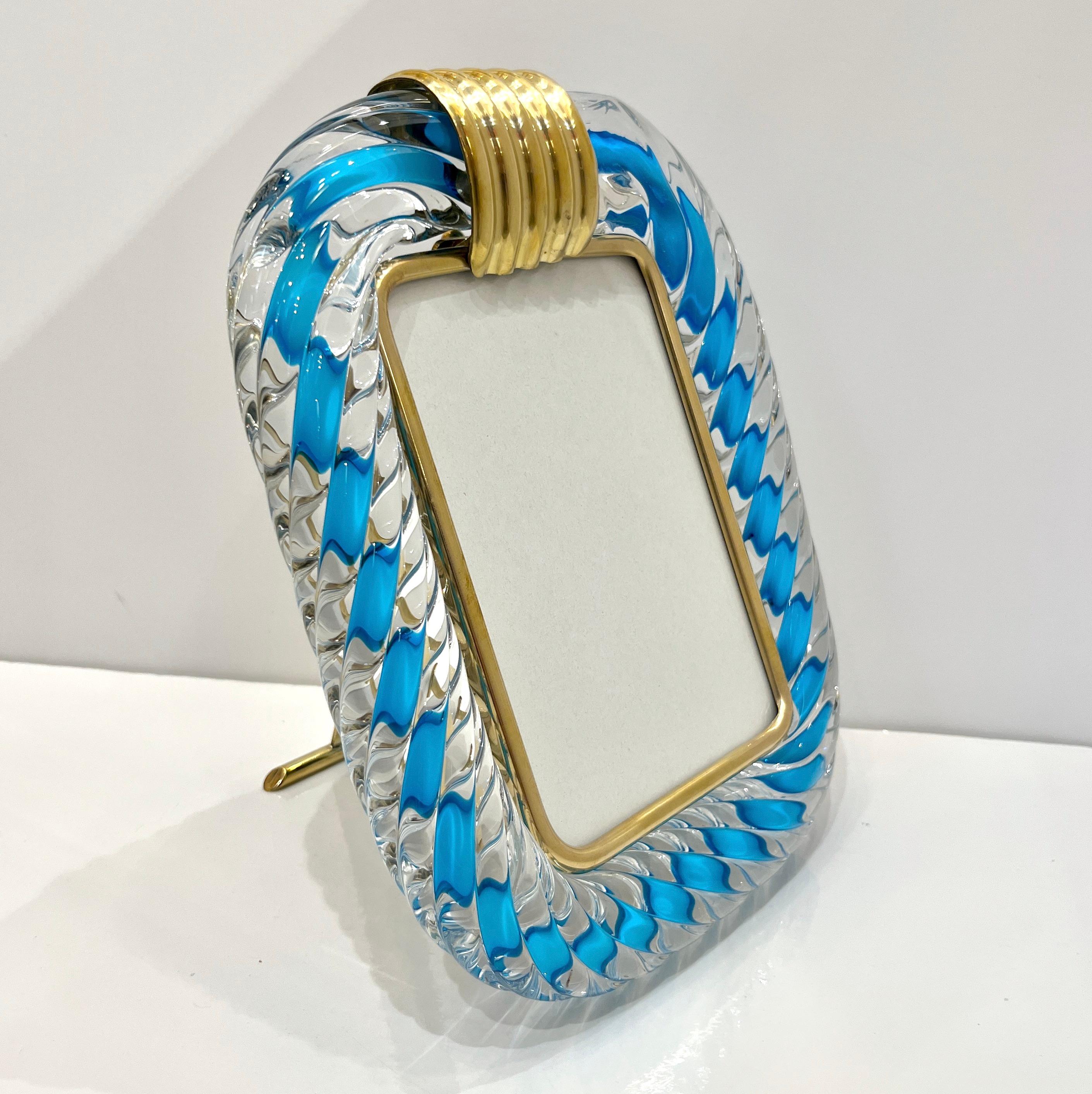 Italian Barovier Toso Brass & Turquoise Crystal Murano Glass Modern Photo Frame In New Condition For Sale In New York, NY