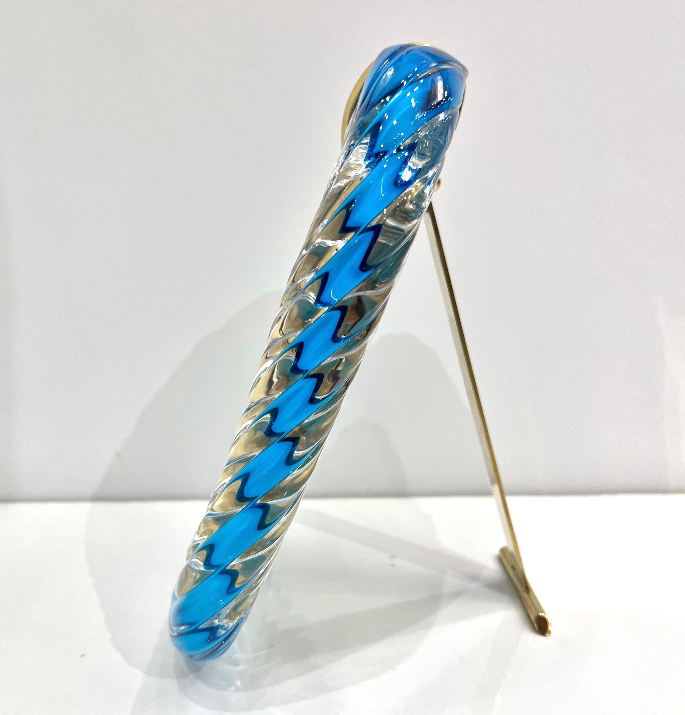 Art Glass Italian Barovier Toso Brass & Turquoise Crystal Murano Glass Modern Photo Frame For Sale