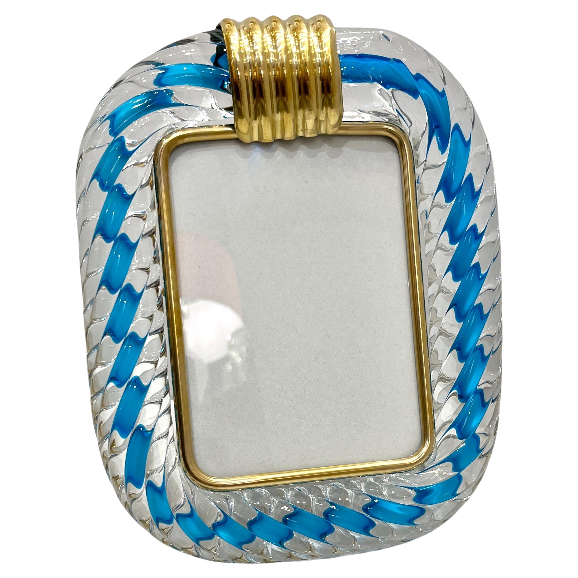 Italian Barovier Toso Brass & Turquoise Crystal Murano Glass Modern Photo Frame For Sale