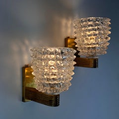 Barovier & Toso Art Deco Brass-Mounted "Rostrato" Murano Glass Sconces, 1940s