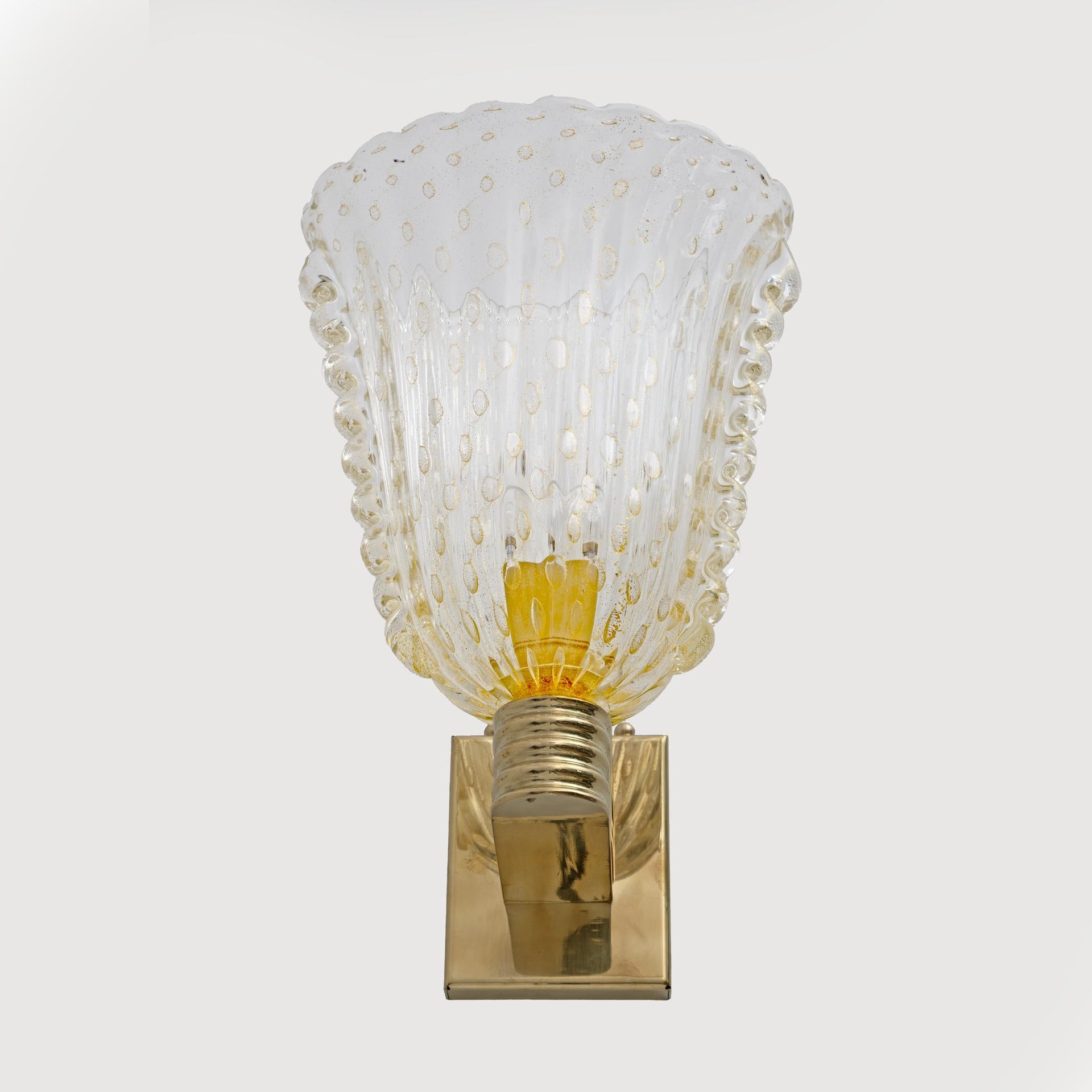 Art Deco Attributed to Barovier & Toso Brass and Pulegoso Murano Glass Sconces, Pair For Sale