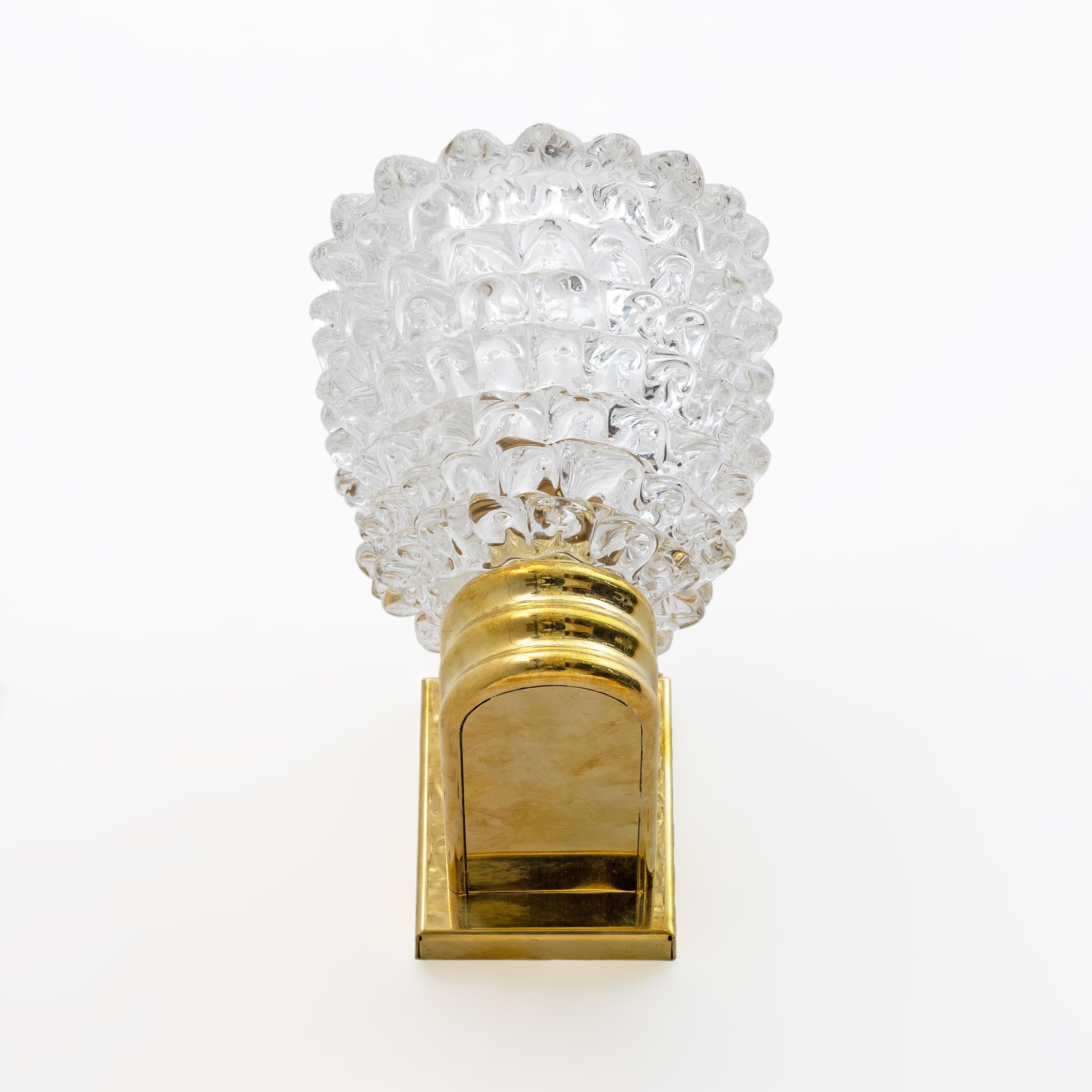 Barovier & Toso Art Dèco Style Brass and Rostrato Murano Glass Big Sconces, Pair For Sale 1