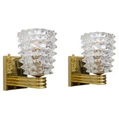 Barovier 
Toso Art Dèco Style Brass and Rostrato Murano Glass Sconces, Pair