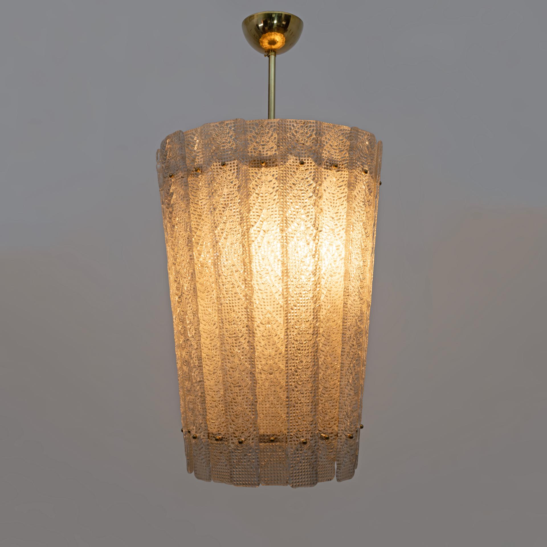 Art Deco Barovier & Toso Art Dèco Style Brass Murano Glass Lantern Chandelier For Sale