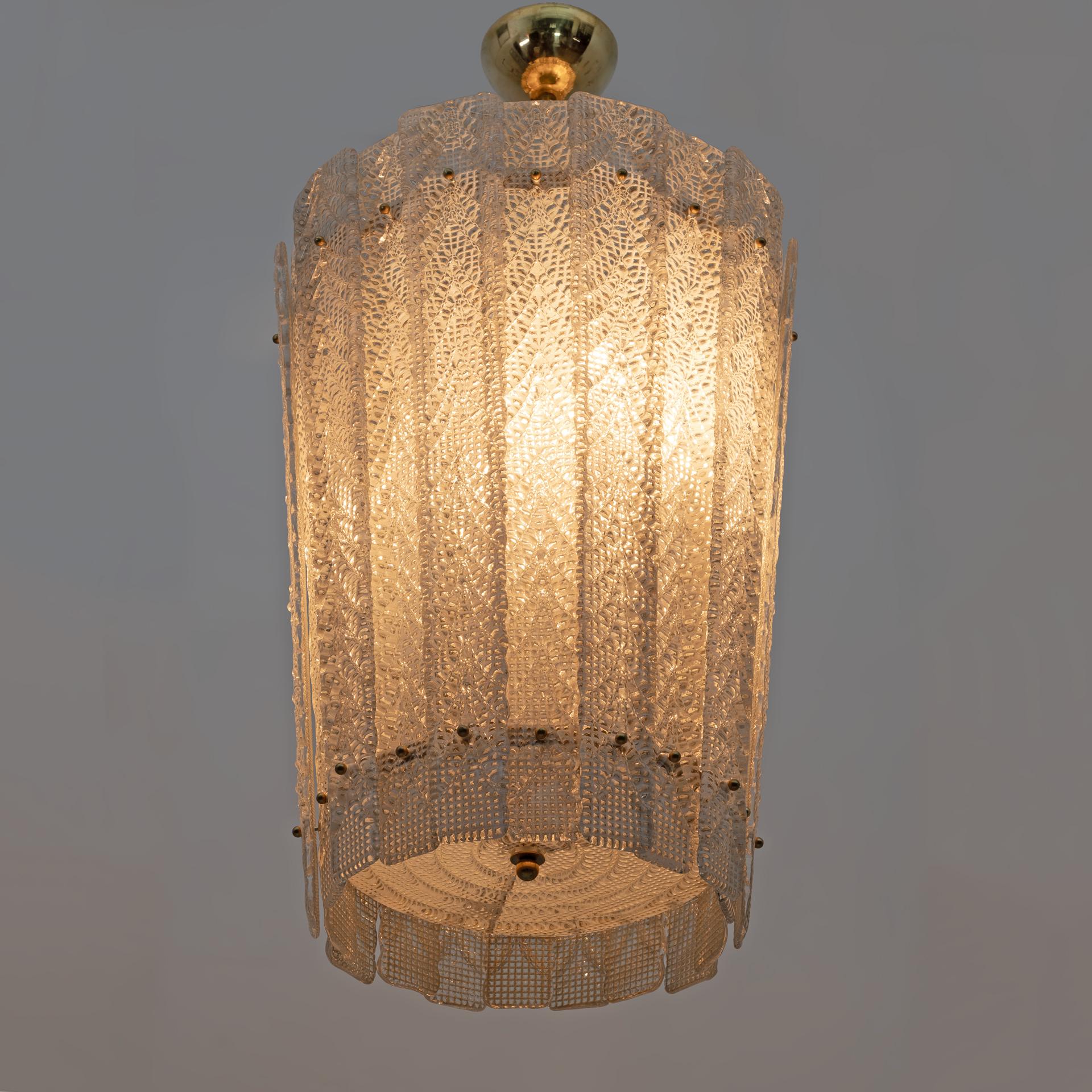 Italian Barovier & Toso Art Dèco Style Brass Murano Glass Lantern Chandelier For Sale