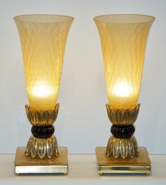 Barovier Toso Art Deco Style Pair of Brass and Gold Honeycomb Murano Glass Lamps