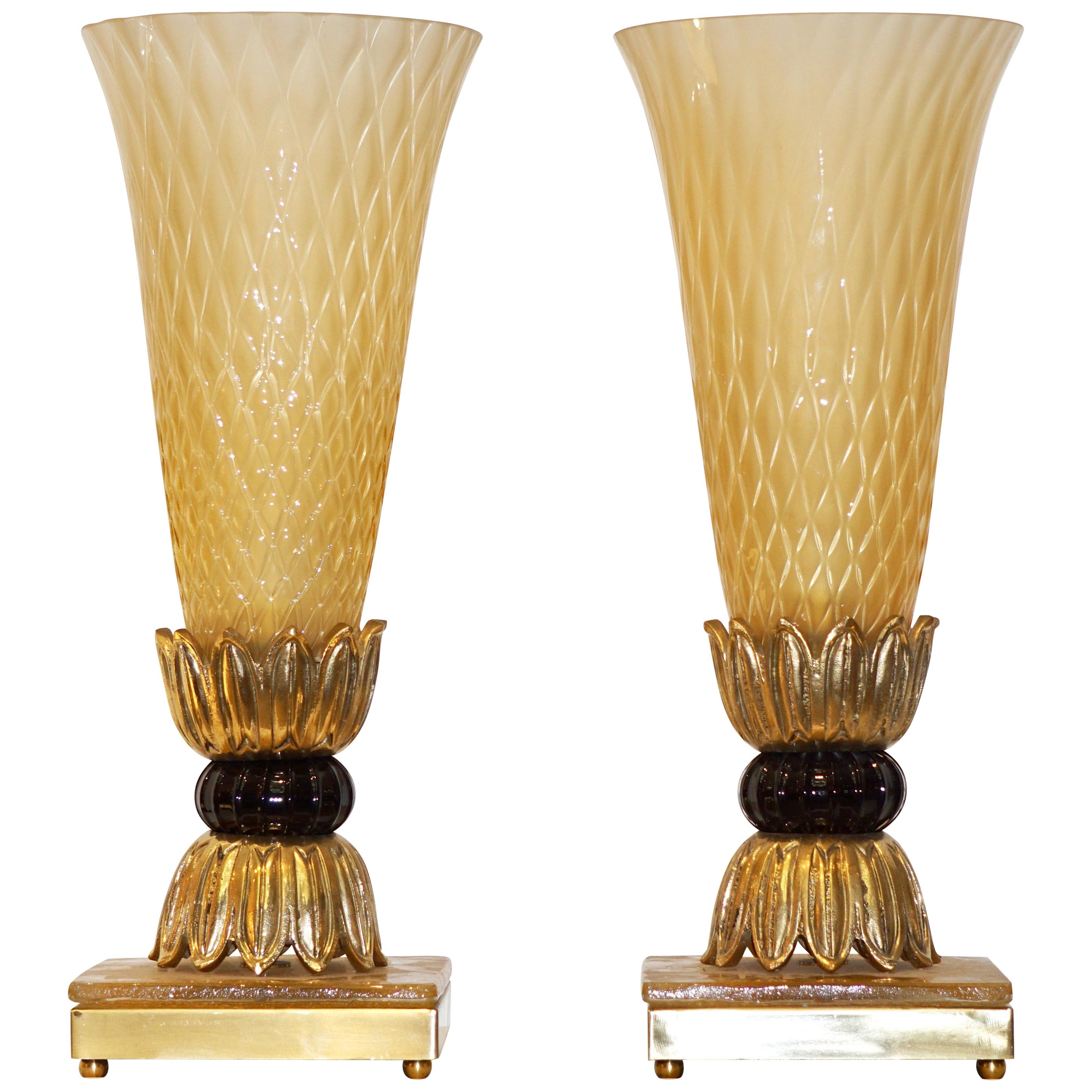 Barovier Toso Art Deco Style Pair of Brass and Gold Honeycomb Murano Glass Lamps