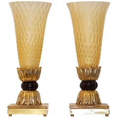 Barovier Toso Art Deco Style Pair of Brass and Gold Honeycomb Murano Glass Lamps
