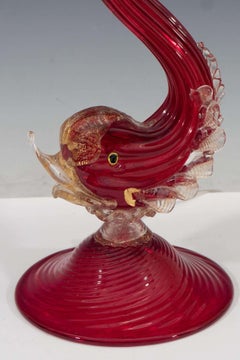 Barovier Toso Attr. Red Murano Glass Dolphin Lamp