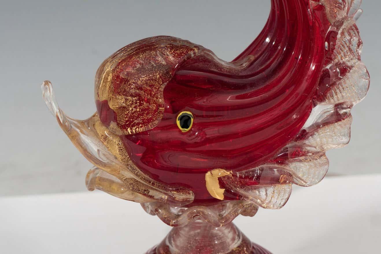 Hollywood Regency Barovier Toso Attr. Red Murano Glass Dolphin Lamp For Sale